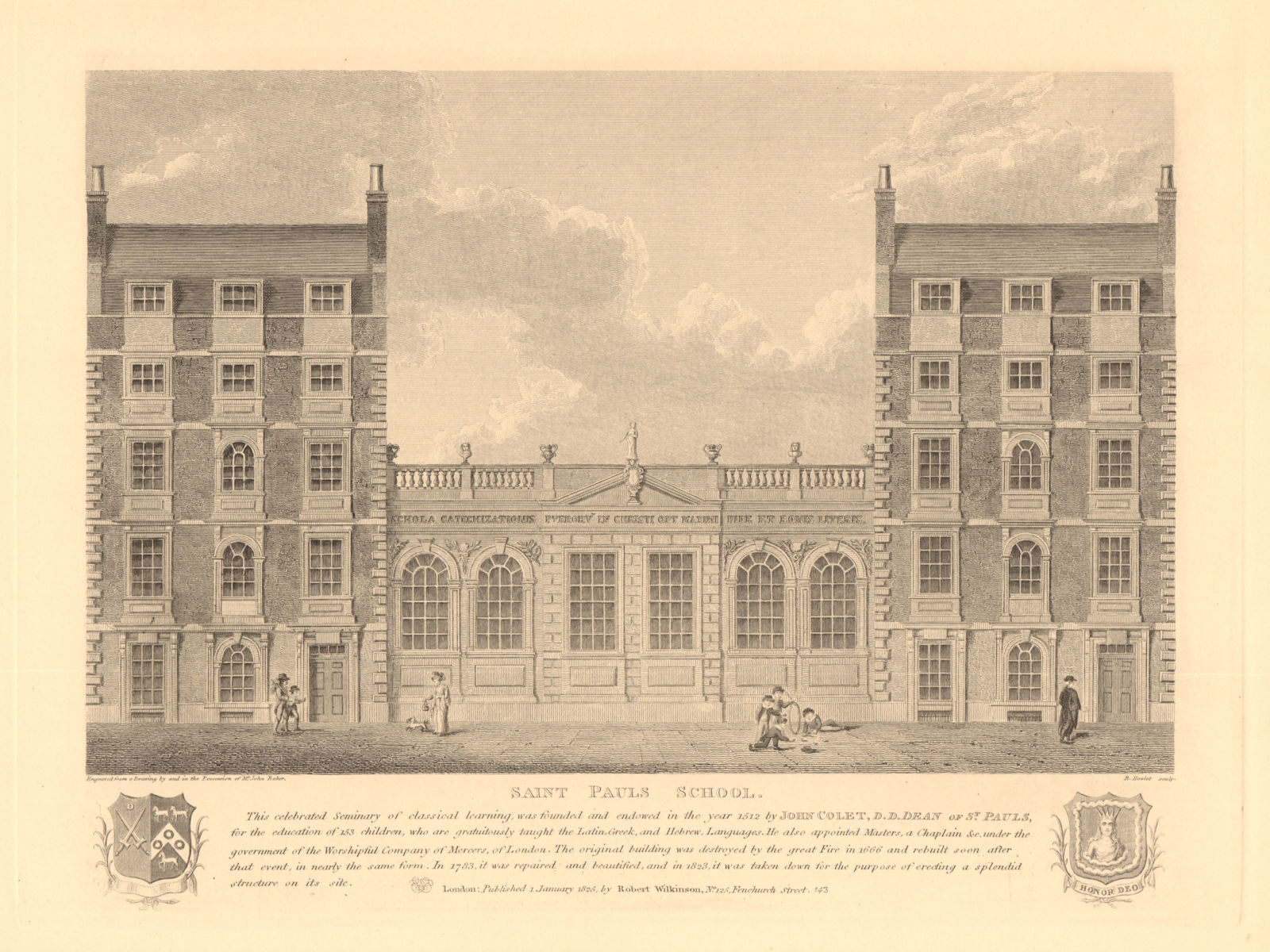 SAINT PAULS SCHOOL, on its earlier Cheapside site. John Colet. London 1834